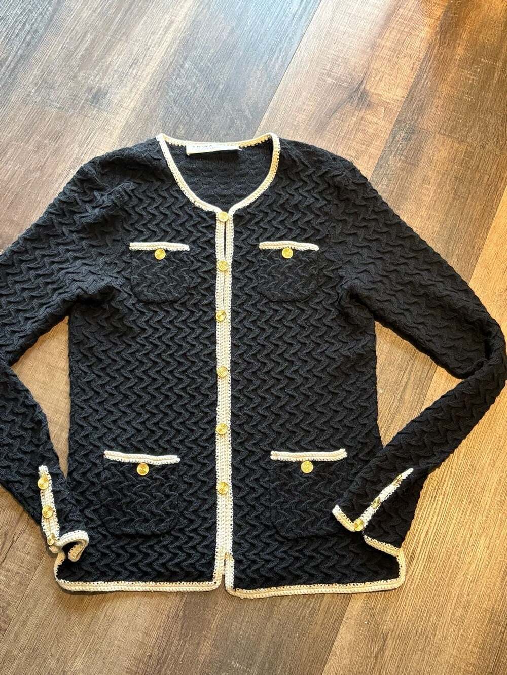 Trina Turk Black and Cream Wool Knit Button-Front Cardigan Jacket